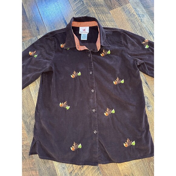 Quacker Factory Corduroy Embroidered Fall Leaves Button Up Top Women Size Medium - Picture 2 of 8